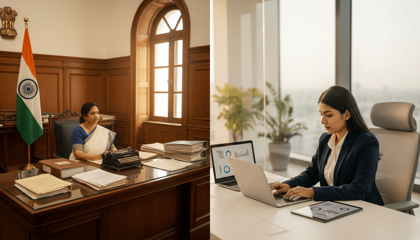 Split illustration comparing a government office stenographer at a court desk and a private office executive assistant typing at a modern workstation