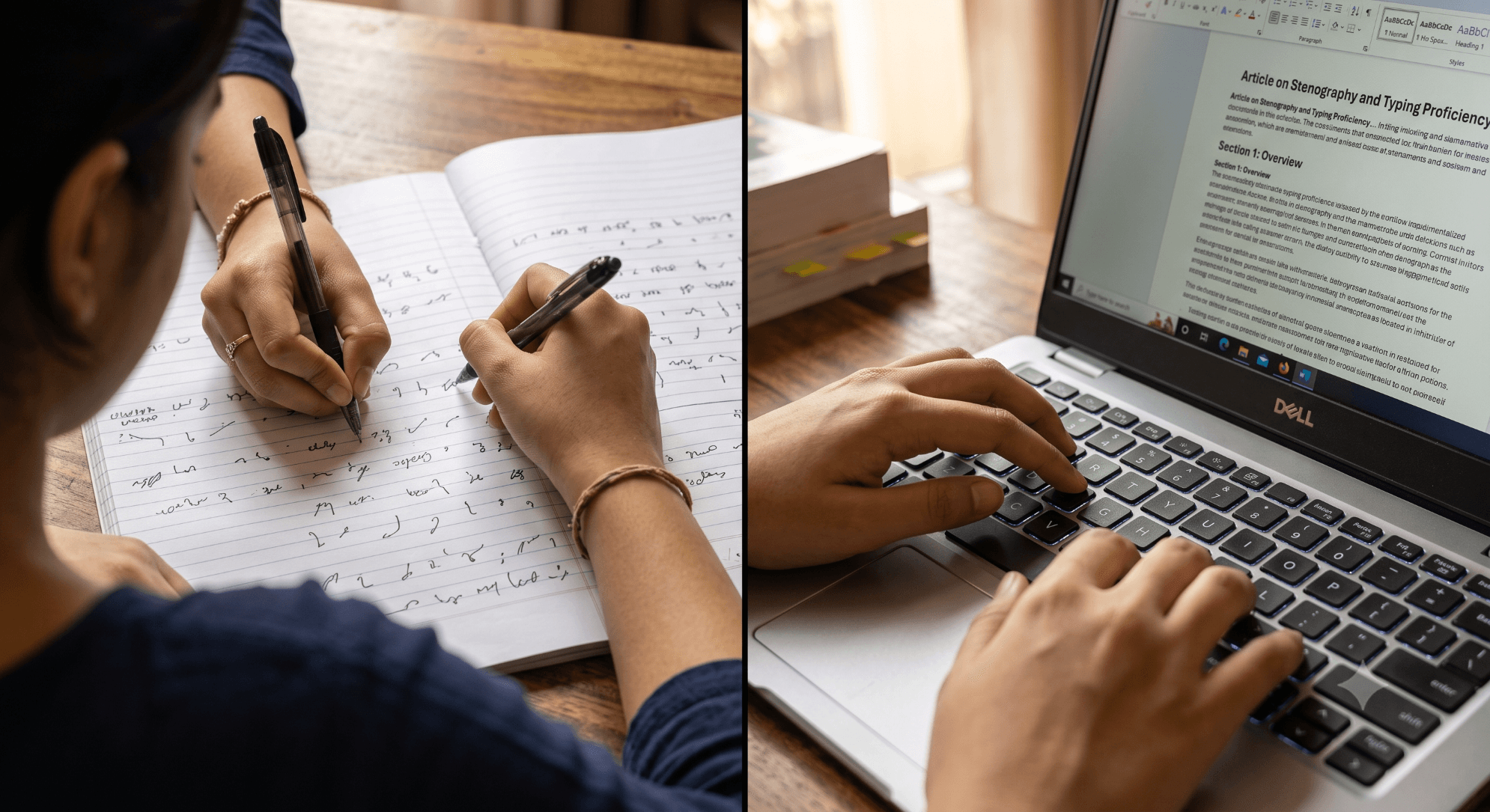 Side-by-side comparison of a hand writing shorthand symbols in a notebook and fingers typing on a keyboard