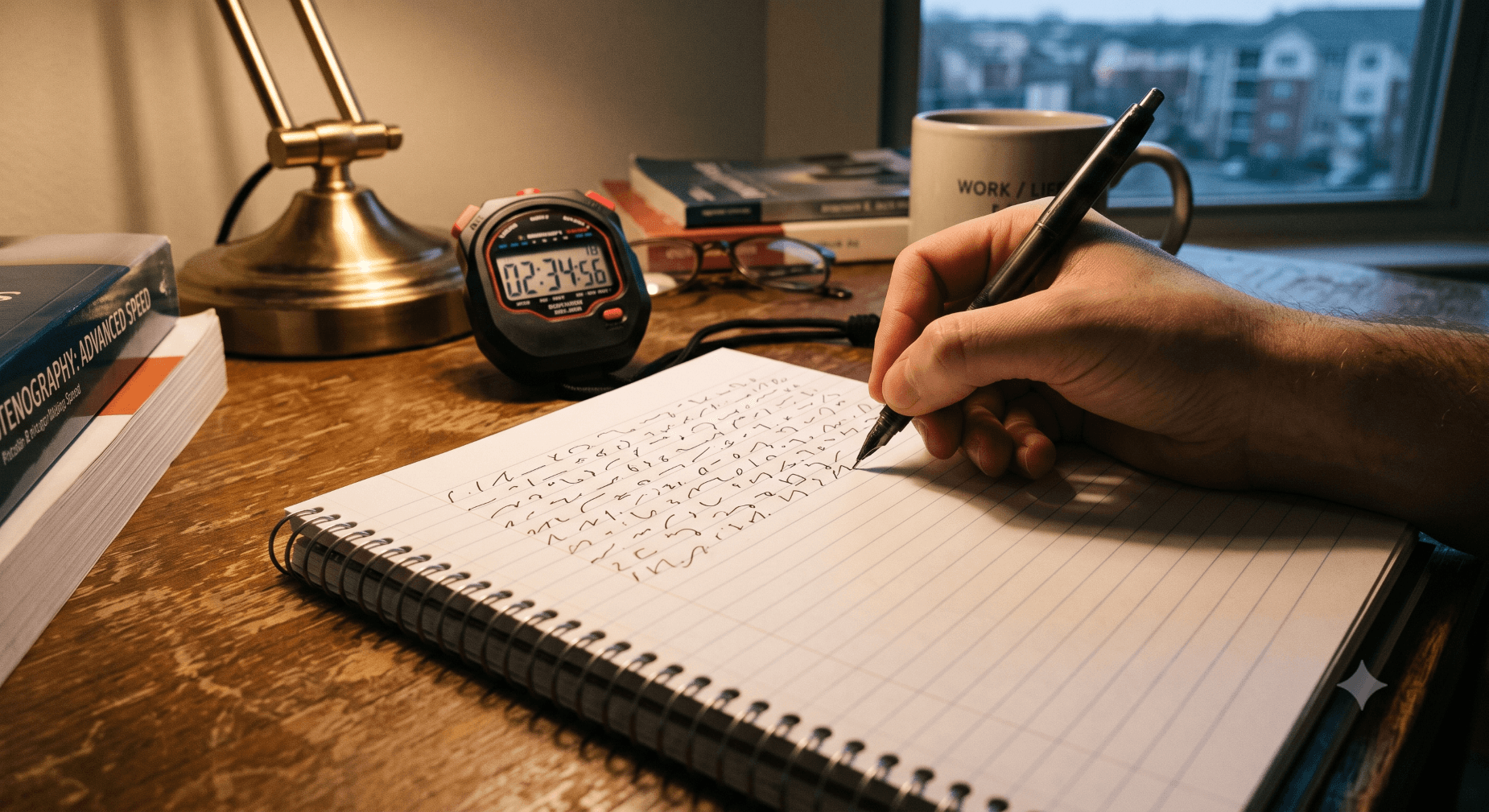 Close-up of a hand practicing shorthand writing speed drills in a notebook with a stopwatch nearby