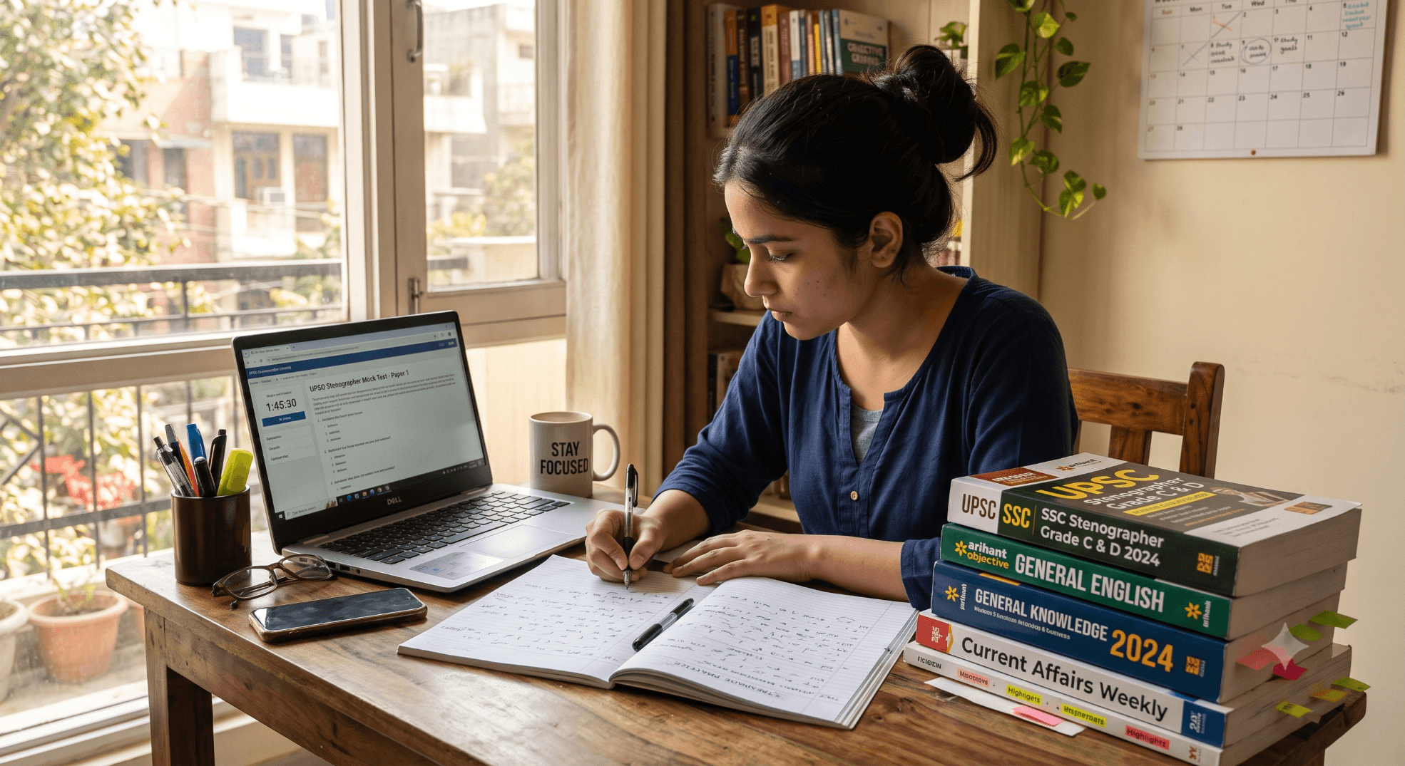 Student preparing for SSC Stenographer exam with shorthand notebook, laptop, and study materials on a desk