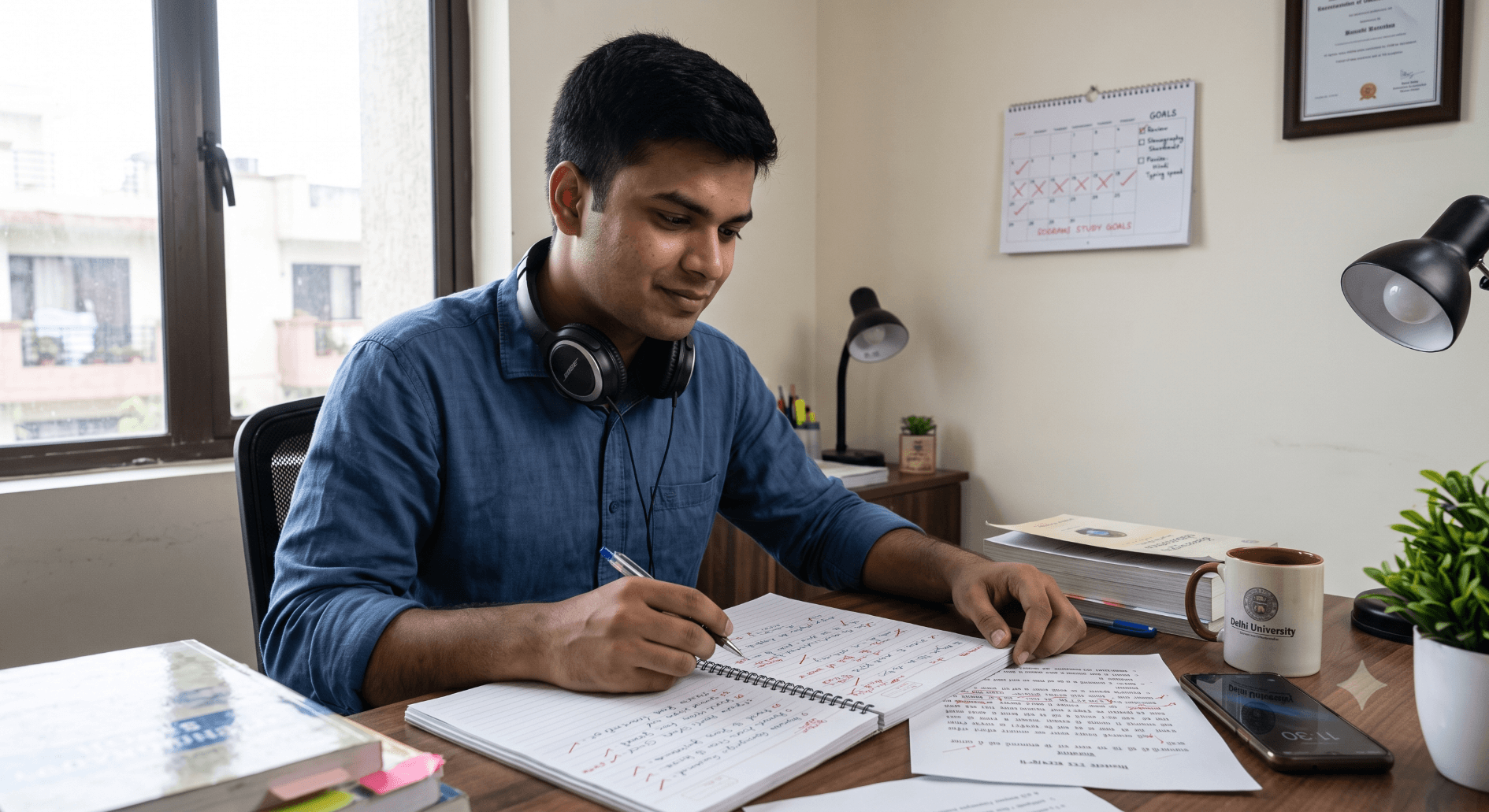 Stenographer exam candidate reviewing mistakes and notes to improve preparation
