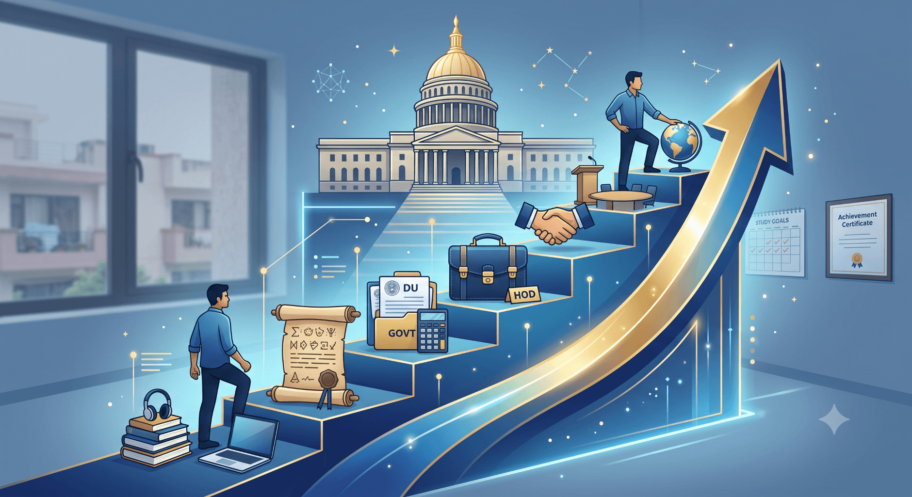 Illustration representing career growth and salary progression for a government stenographer in India